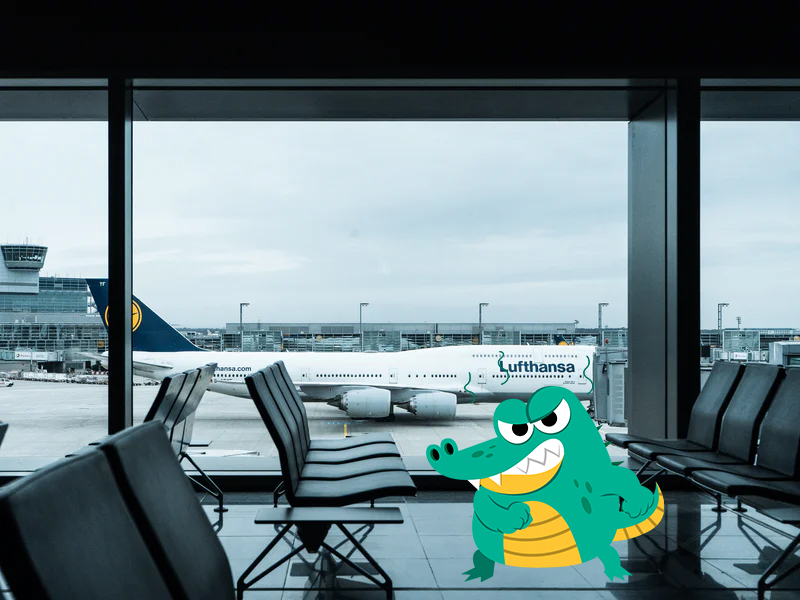Cody enojado esperando al avión en el aeropuerto